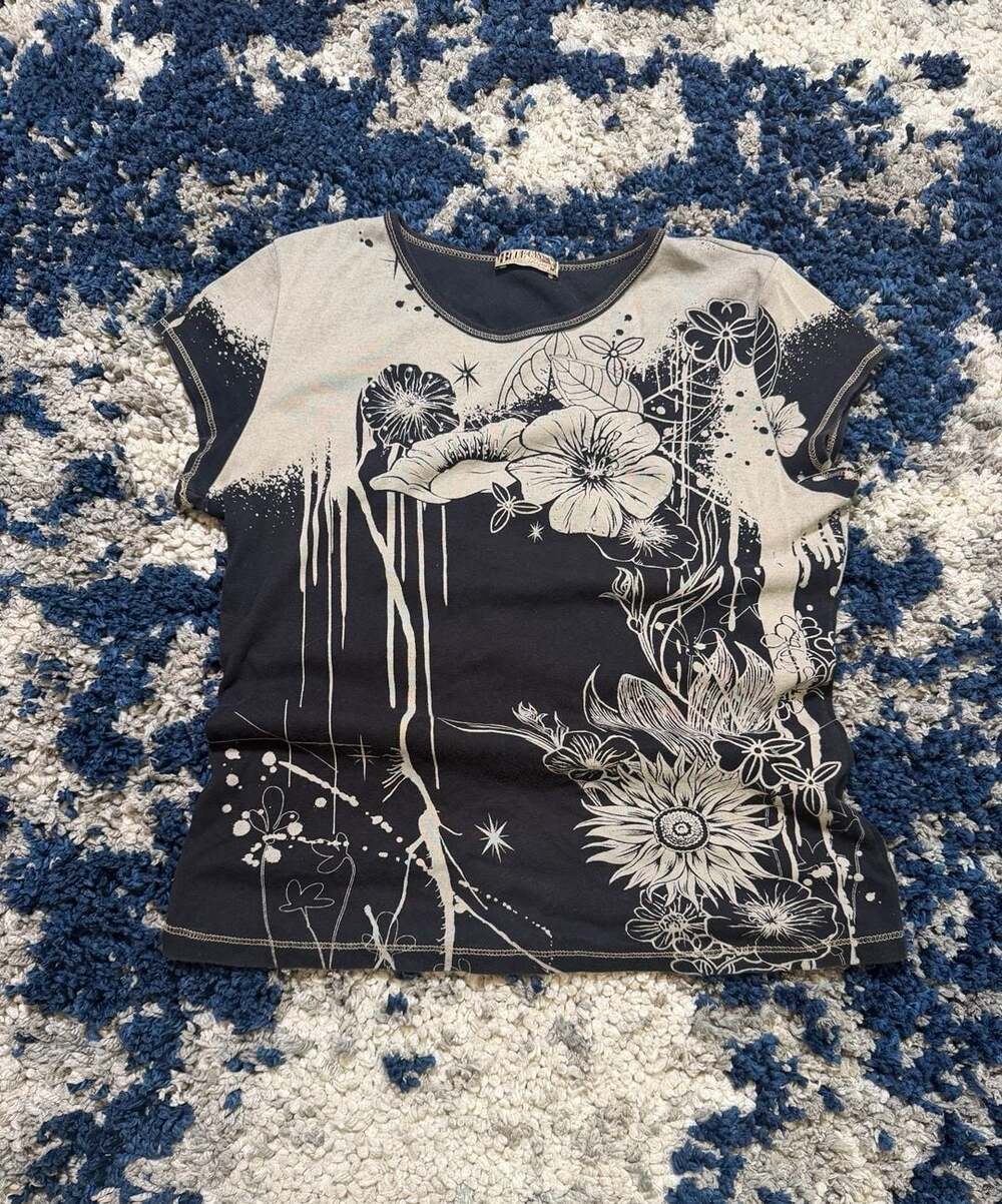 Blue Canyon Y2K Grunge Floral Graphic Short Sleeve T-Shirt